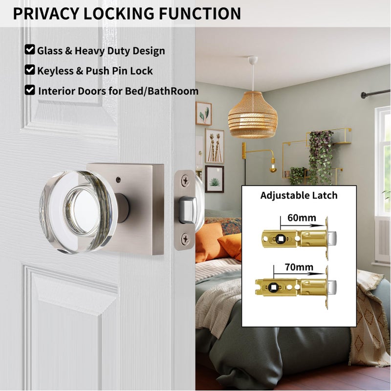 naubea Crystal Door Knobs Brushed Nickel Door Knobs Interior Privacy Door Knobs with Lock, Glass Door Knobs for Bedroom and Bathroom Interior Door Knob Satin Nickel - Image 2